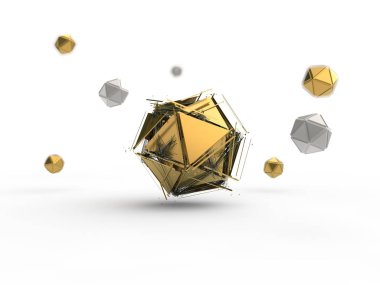 Altın icosahedron tarafından birçok küçük parçalara icosahedra dizesi ile çevrili patlama yok. İllüstrasyon izole alan derinliği ile beyaz arka plan üzerinde. 3D render