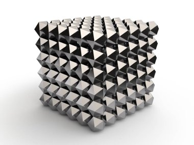 Gümüş icosahedra, neocube oyuncak, soyutlama izole beyaz zemin üzerine çeşitli küp toplanan. 3D render