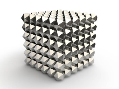 Gümüş icosahedra, neocube oyuncak, soyutlama izole beyaz zemin üzerine çeşitli küp toplanan. 3D render