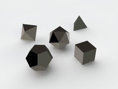 geometrik şekiller octahedron, Dörtyüzlü, altı yüzlü, dodecahedron, icosahedron siyah metal, demir ve plastik, küme, beyaz arka plan, izole. 3D render