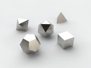 geometrik şekiller octahedron, Dörtyüzlü, altı yüzlü, dodecahedron, icosahedron gümüş ve platin, çelik krom kaplama, izole set, beyaz arka plan. 3D render