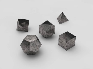 geometrik şekiller octahedron, Dörtyüzlü, altı yüzlü, dodecahedron, cabukşalterli, beyaz arka plan, izole çizilmiş metal, benekli demir icosahedron. 3D render