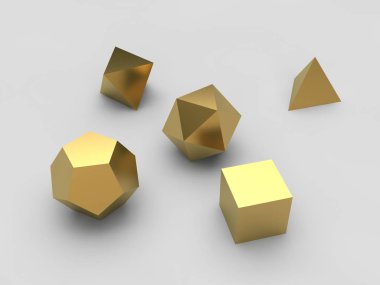geometrik şekiller octahedron, Dörtyüzlü, altı yüzlü, dodecahedron, altın, küme, beyaz arka plan, izole icosahedron. 3D render