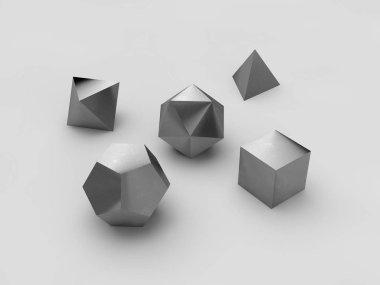 geometrik şekiller octahedron, Dörtyüzlü, altı yüzlü, dodecahedron, icosahedron gümüş ve platin, çelik krom kaplama, izole set, beyaz arka plan. 3D render