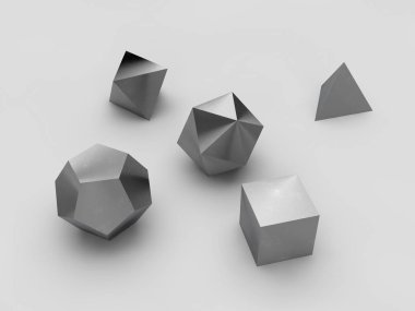 geometrik şekiller octahedron, Dörtyüzlü, altı yüzlü, dodecahedron, icosahedron gümüş ve platin, çelik krom kaplama, izole set, beyaz arka plan. 3D render
