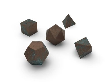 geometrik şekiller octahedron, Dörtyüzlü, altı yüzlü, dodecahedron, çizik paslı metal, benekli demir, cabukşalterli, beyaz arka plan, izole icosahedron. 3D render