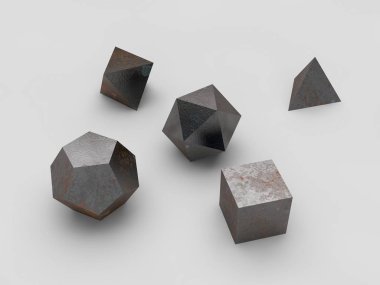 geometrik şekiller octahedron, Dörtyüzlü, altı yüzlü, dodecahedron, çizik paslı metal, benekli demir, cabukşalterli, beyaz arka plan, izole icosahedron. 3D render