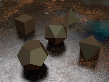 geometrik şekiller octahedron, Dörtyüzlü, altı yüzlü, dodecahedron, bronz, altın ve bakır, eski paslı metal arka planı küme icosahedron. 3D render