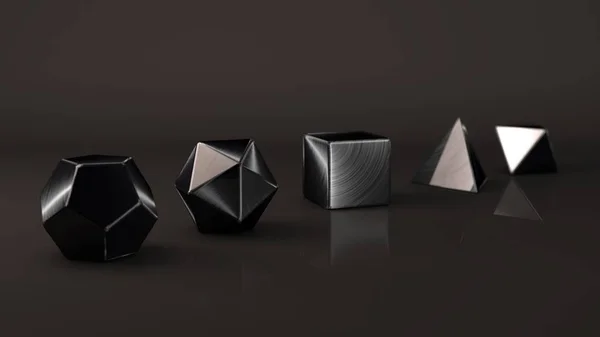 Группа Платонических Тел Черный Полированный Металл Отражениями Драгоценные Металлические Многоугольники — стоковое фото