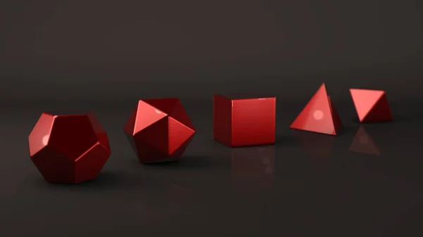 Grupo Corpos Platônicos Metal Vermelho Formas Polígono Metal Precioso Poliedros — Fotografia de Stock