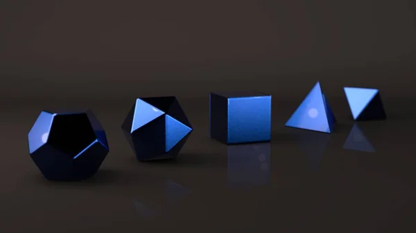 The group of Platonic solids, blue metal. Precious metal Polygon shapes, the polyhedra in the Studio with a reflective background. Illustration of abstraction. 3D rendering
