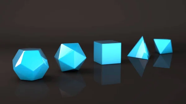 The group of Platonic solids, light blue stone with a reflective surface. Polygonal shapes, polyhedra in the Studio with a reflective background. Illustration of abstraction. 3D rendering