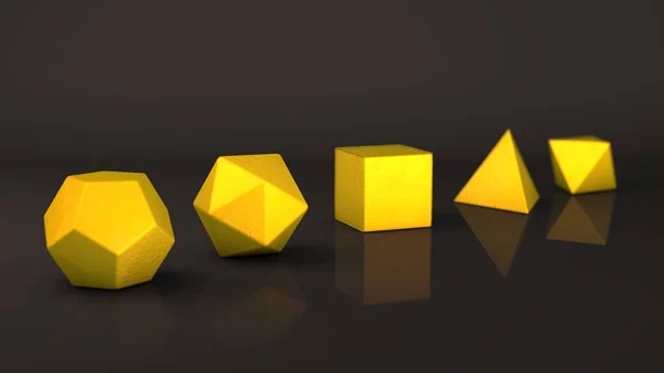 层状体组 黄色石头 表面有哑光和光泽 多边形 多面体在工作室与反光背景 抽象的例证 — 图库照片