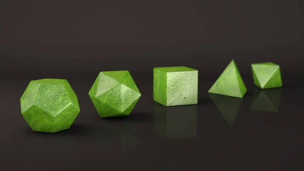 一套柏拉图式的身体 绿色的祖母绿 半透明的 多边形 多面体在工作室与反光背景 抽象的例证 — 图库照片