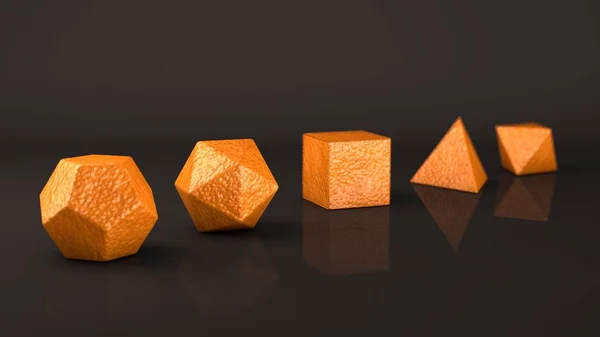 The group of Platonic solids, orange stone, a material with a relief on the surface. Polygonal shapes, polyhedra in the Studio with a reflective background. Illustration of abstraction. 3D rendering