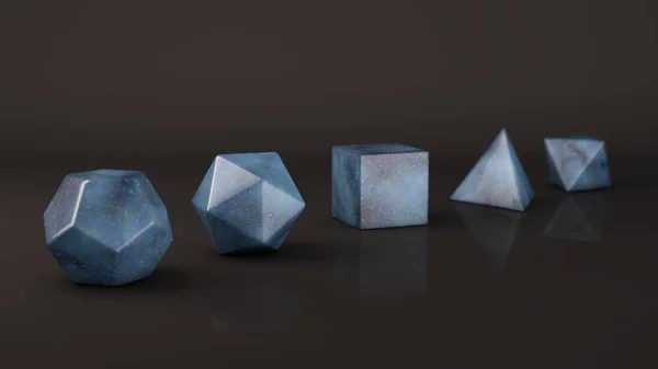 The group of Platonic solids, blue marble, mottled stone, a marble surface. Polygonal shapes, polyhedra in the Studio with a reflective background. Illustration of abstraction. 3D rendering