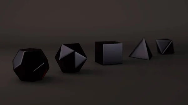 The group of Platonic solids, brushed black metal. Iron ingots. Polygonal shapes, polyhedra in the Studio with a reflective background. Illustration of abstraction. 3D rendering