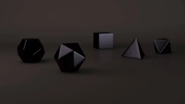 一组柏拉图固体 刷黑色金属 多边形 多面体在工作室与反光背景 抽象的例证 — 图库照片