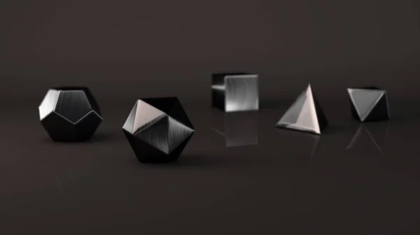 Grupp Platonska Kroppar Svart Polerad Metall Med Reflektioner Ädelmetall Polygon — Stockfoto