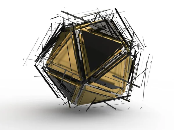 Έκρηξη χρυσό πολύπλευρη πολυγωνικό γεωμετρικά σχήματα, τον κατακερματισμό σε πολυάριθμα τεμάχια, τα θραύσματα στο χώρο. Εικονογράφηση σε άσπρο φόντο απομονωμένες. 3D rendering — Φωτογραφία Αρχείου