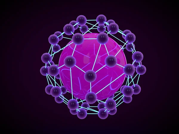 Ilustración de una celosía molecular esférica violeta con una bola en el centro sobre un fondo negro. La molécula brilla. La idea de la nanotecnología. La imagen es abstracta. Renderizado 3D — Foto de Stock