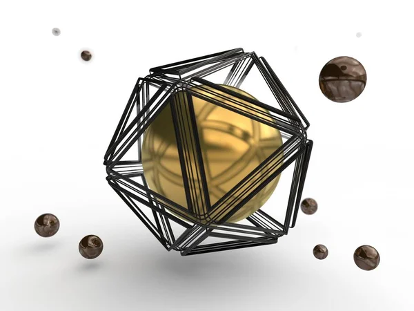 Set of gold and black spheres, one of which is hidden in a lattice of a polygonal geometric figure. The idea of mystery, beauty and perfection. Illustration isolated on white background. 3D rendering