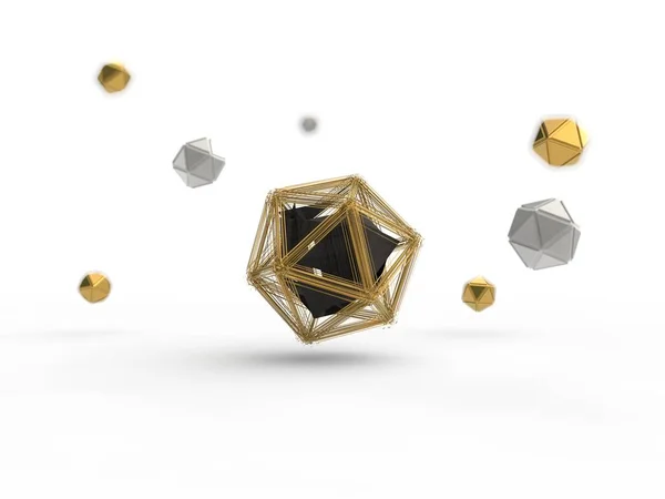 Gyllene Ikosaeder Förstördes Explosionen Många Små Fragment Omgiven Rad Icosahedra — Stockfoto