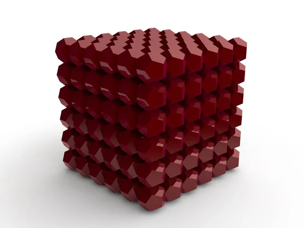 Cube assembled from many red icosahedra. neocube toy, abstraction on white background, isolated. Many Platonic solids in a strict order. 3D rendering