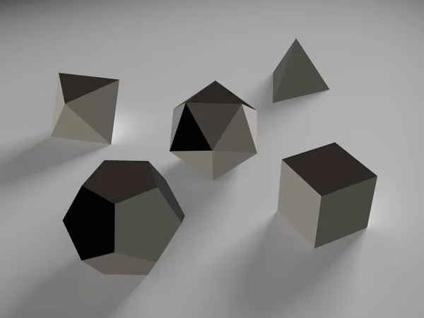 Formas Geométricas Octaedro Tetraedro Hexaedro Dodecaedro Icosaedro Conjunto Plata Fondo —  Fotos de Stock