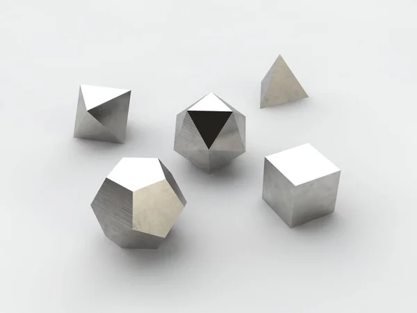 Formas Geométricas Octaedro Tetraedro Hexaedro Dodecaedro Icosaedro Plata Platino Acero —  Fotos de Stock