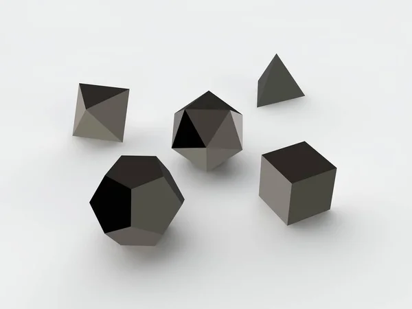 Geometriai Alakzatok Octahedron Tetraéder Hexahedron Dodekaéder Ikozaéder Fekete Fém Vas — Stock Fotó