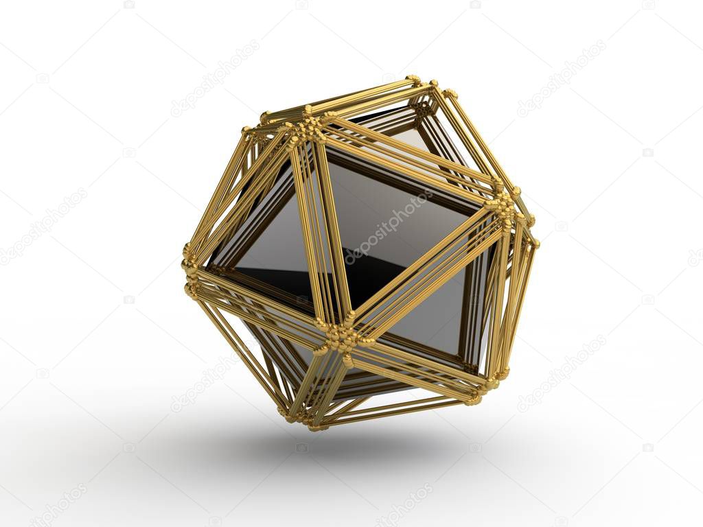 Explosion of a polyhedral polygonal geometric shape, disintegration into a set of fragments, fragments in space and the whole polyhedron in the center. Illustration on white background, 3D rendering
