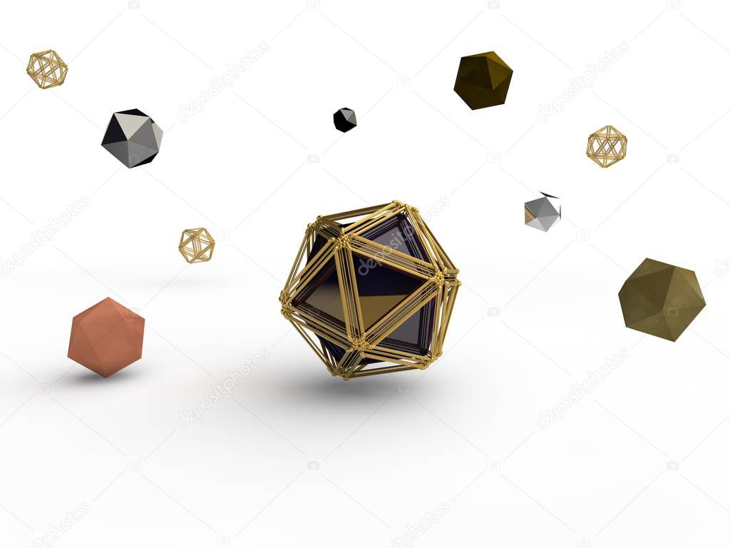 Explosion of a set of polyhedral polygonal geometric shapes, onto a set of splinters, fragments in space, and a black polyhedron in the center. Illustration on white background, 3D rendering