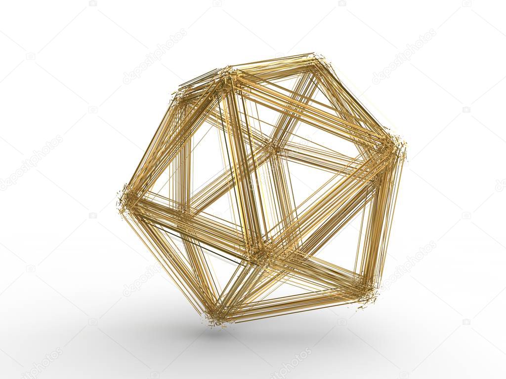 Blast gold multifaceted polygonal geometric shapes, fragmentation into numerous fragments, fragments in space. Illustration on white isolated background. 3D rendering