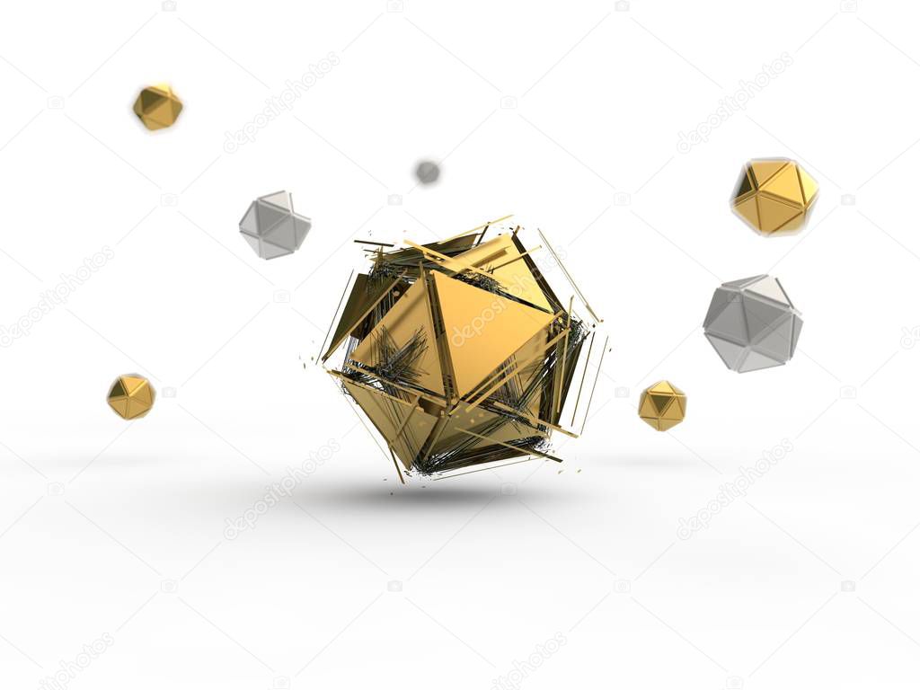 Golden icosahedron destroyed by the explosion into many small fragments surrounded by an array of icosahedra. Illustration isolated on white background, with depth of field. 3D rendering