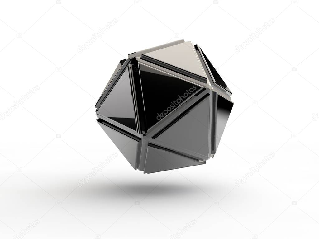 Icosahedron chromed, steel, iron, abstract geometric shape image isolated on white background. Illustration of the idea. 3D rendering