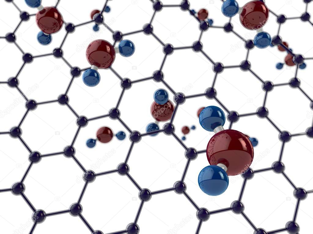 Illustration of graphene water filter with water molecules. Graphene crystal lattice. The idea of purity, ecology, health. 3D rendering. Image with depth of field white background.