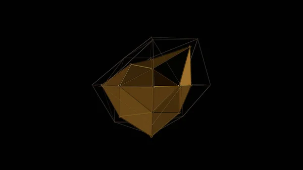 3D illustration of a metal gold crystal of irregular shape, low polygonal abstract figure, on a black background. Futuristic design. 3D rendering, the idea of wealth and prosperity.