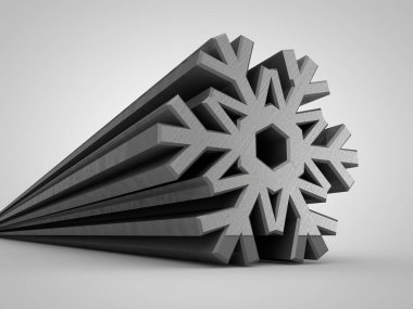 Metalik kar tanesi, Gümüş kristal yapının, soğuk, kış ve Kuzey sembolü görüntüsünü. Soğutma grubu, simge buzdolabı. Beyaz arka plan üzerinde izole 3d render.