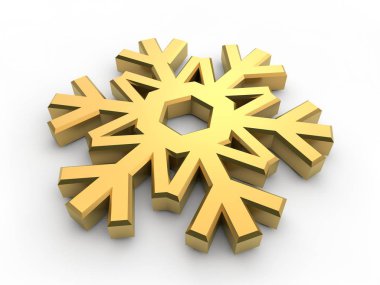 İllüstrasyon, görüntü değerli metalik kar tanesi, altın kristal yapı, soğuk, kış ve Kuzey sembolü. Soğutma grubu, simge buzdolabı. Beyaz arka plan üzerinde izole 3d render.