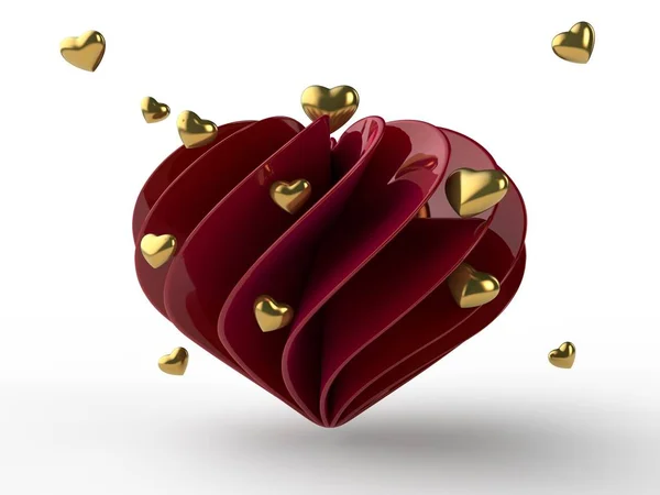 Bir Görüntü Çok Bükülmüş Segmentleri Kırmızı Bir Kalp Birçok Altın — Stok fotoğraf
