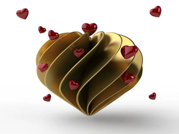 一个红色的心 许多扭曲的部分和许多金色的心脏的形象 情人节的例证 爱和忠诚的想法 白色背景上的3D — 图库照片