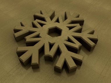 İllüstrasyon, görüntü bir altın metalik kar tanesi, kristal yapı, soğuk, kış ve Kuzey sembolü. Soğutma grubu, simge buzdolabı. 3D render, altın bir yüzeye izole.