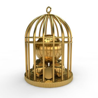 Altın fonları ve altın planet Earth ve bitcoin, cryptocurrency, altın kafes görüntüsü. Aldatma, sermaye koruma anlayışı. 3D render, beyaz arka plan üzerinde izole