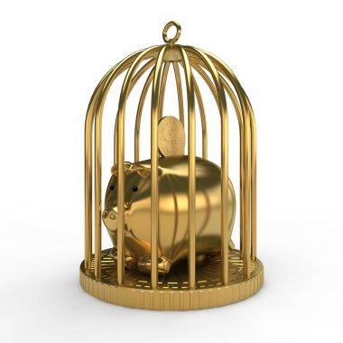 Altın kafes ve altın sikke ile piggy banka görüntüsü. Güvenilirlik katkı sermaye koruma anlayışı. Beyaz arka plan üzerinde illüstrasyon izole. 3D render