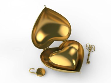 Bir kalbi içinde altın ve bir kilit ve anahtarı olan bir kalp şeklinde altın bir kutu görüntüsü. Tatil, Sevgililer, sadakat ve aşk için fikir. 3D render, beyaz arka plan illüstrasyon izole