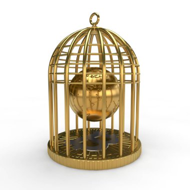 Altın kafesteki Uluslararası cryptocurrency bitcoin sembolü Dünya gezegeninin görüntü. Tuzak, aldatma, esaret fikri. İllüstrasyon, beyaz arka plan üzerinde izole. 3D render.