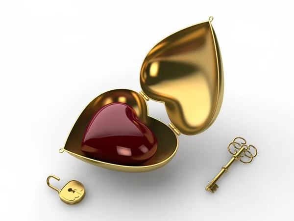 Şeklinde Altın Bir Kutu Içinde Kırmızı Kalpli Kalp Kilit Anahtarı — Stok fotoğraf