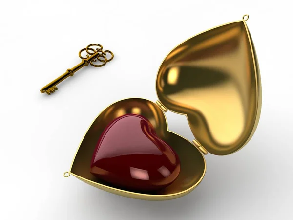 Obrázek Zlatý Box Tvaru Srdce Němž Nachází Červené Srdce Symbol — Stock fotografie