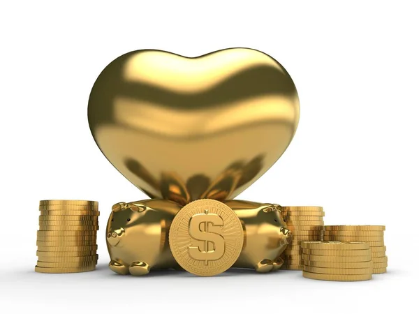 Изображение Четырех Золотых Копилок Многих Золотых Монет Долларов Золотого Сердца — стоковое фото